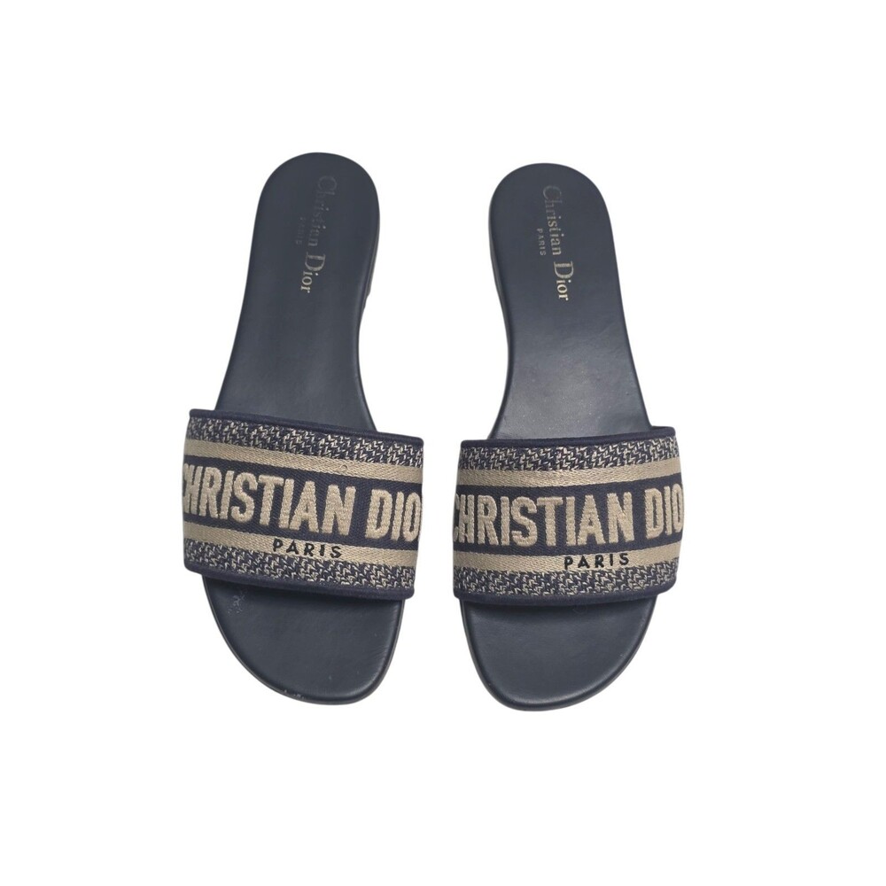 CHRISTIAN DIOR DWAY NAVY BLUE FABRIC SLIDES SANDALS SHOES 39